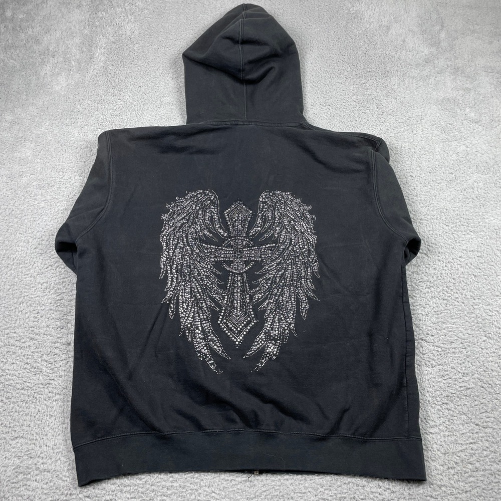 Vintage West Coast Choppers Zip Hoodie Men XL Black Biker Rhinestone Wings Cross